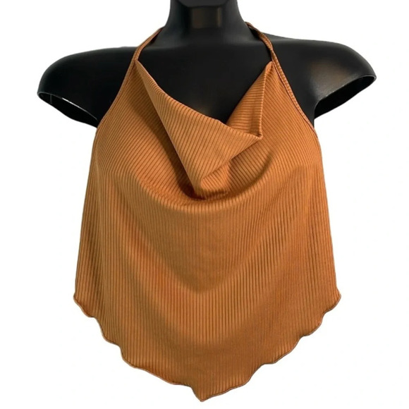 SHEIN Ribbed Cowl Neck Handkerchief Tie Crop Top Brown Open Back V Hem L - Picture 7 of 7